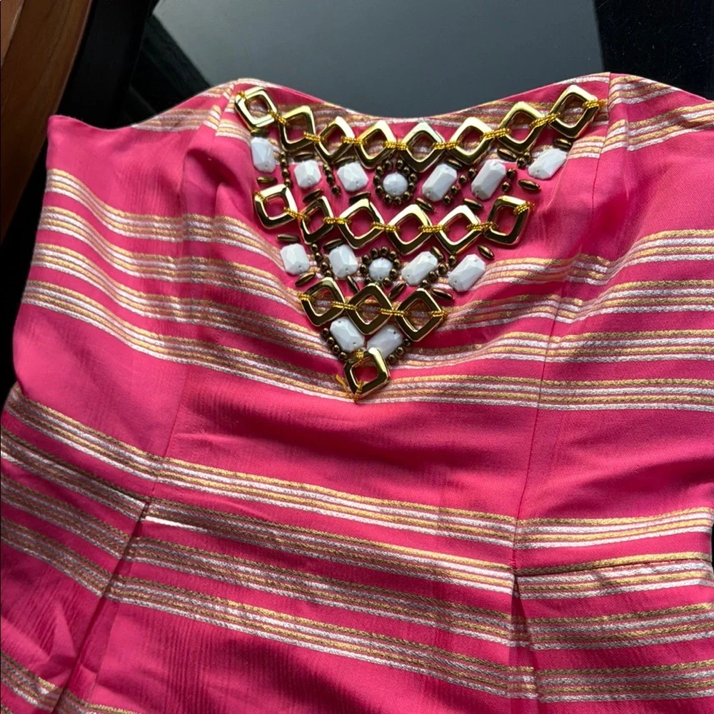 Lily Pulitzer Pink Strapless Dress with Metallic Gold Stripe and Gems - Picture 2 of 7